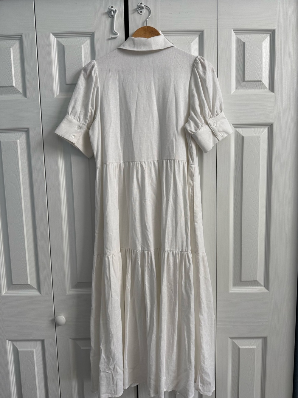 Linen Blend White Button-Front Tiered Midi Cottagecore Dress Crown & Ivy S - Picture 5 of 7
